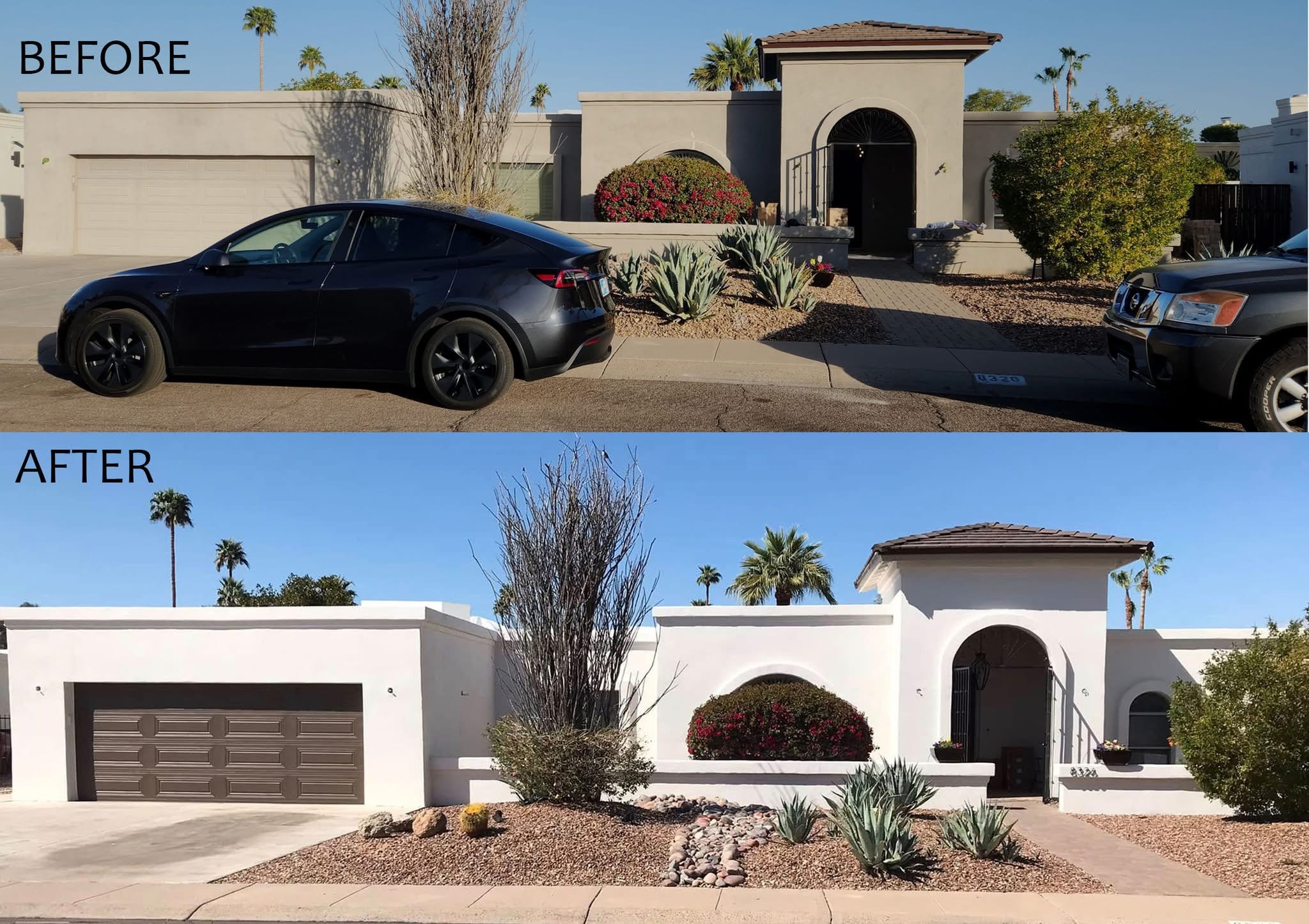 Before and after of a stucco house: beige walls in the top photo, white walls and a brown garage door in the bottom photo.