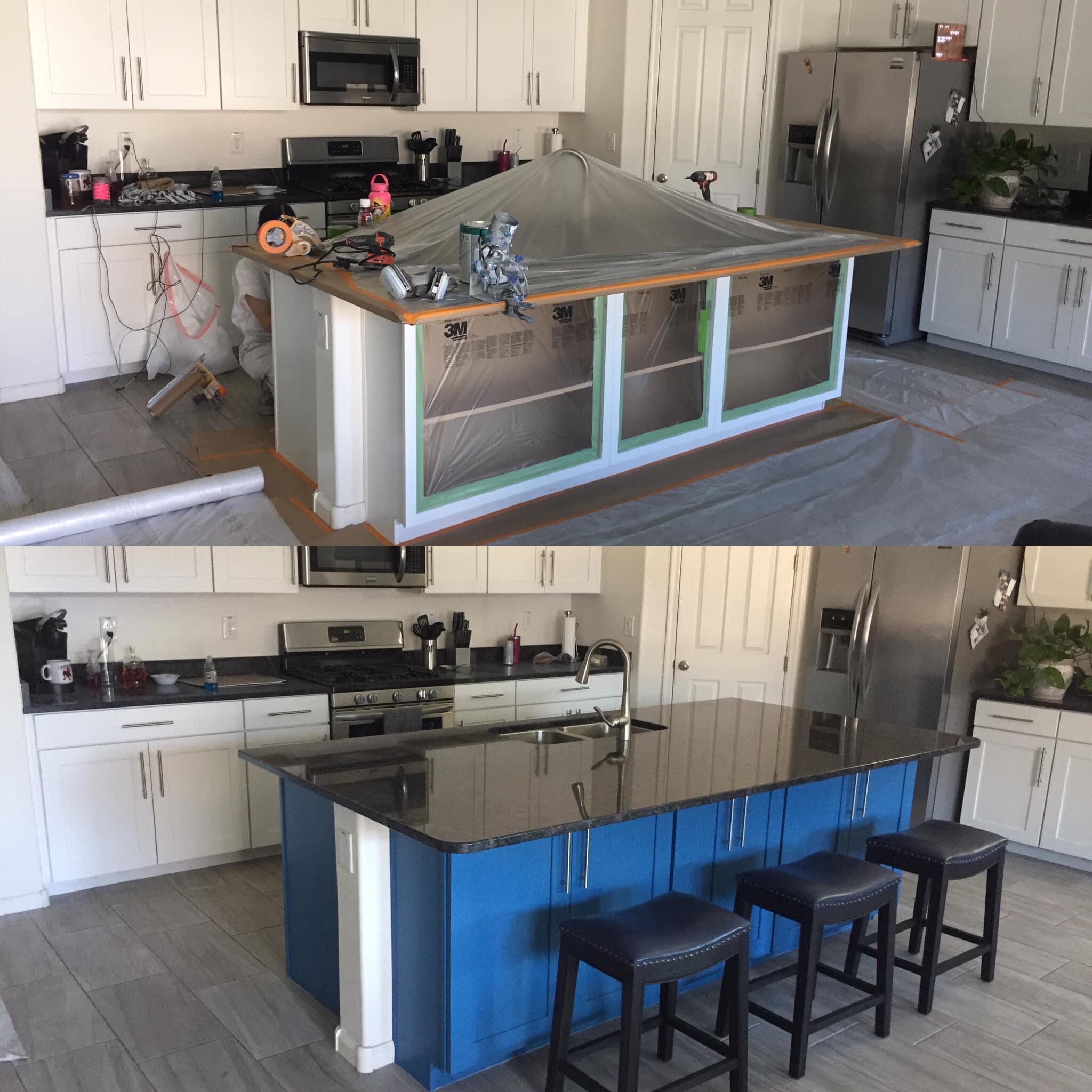 Before and after of a kitchen island: masked and taped above, sprayed a saturated blue below.